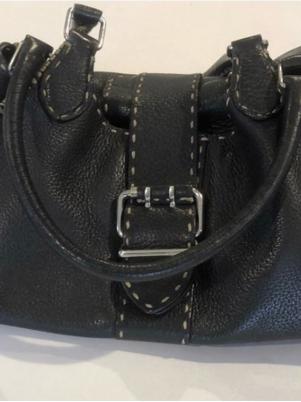 Fendi Black Leather Selleria Shoulder Bag with Contrast Stitching